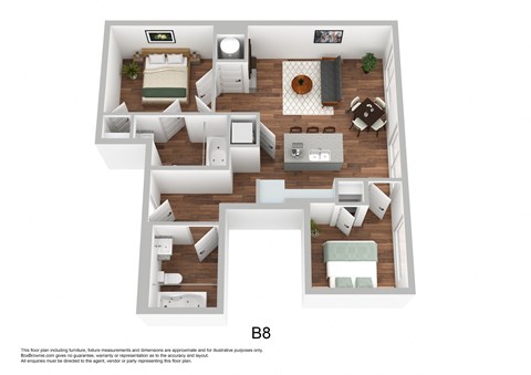 Floor plan for 2 beds, 2 baths, 806 sqft